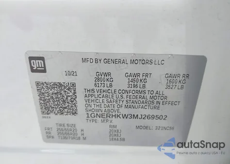 2021 Chevrolet Traverse Fwd Lt Leather from USA, damaged, VIN 1GNERHKW3MJ269502